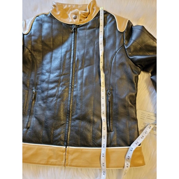 Women's Black Tan Leather Moto Jacket Sz M/L Biker Rocker Beautiful! NWT - Picture 15 of 16